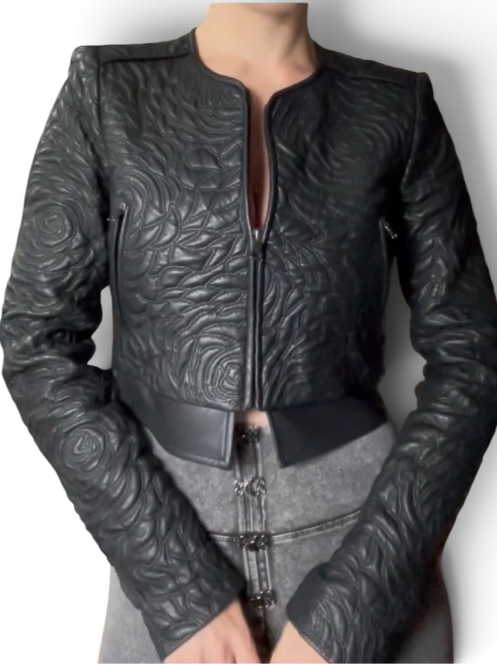 BCBG MaxAzria DUKE Cropped Faux Leather Jacket Embossed Rose Pattern MEDIUM